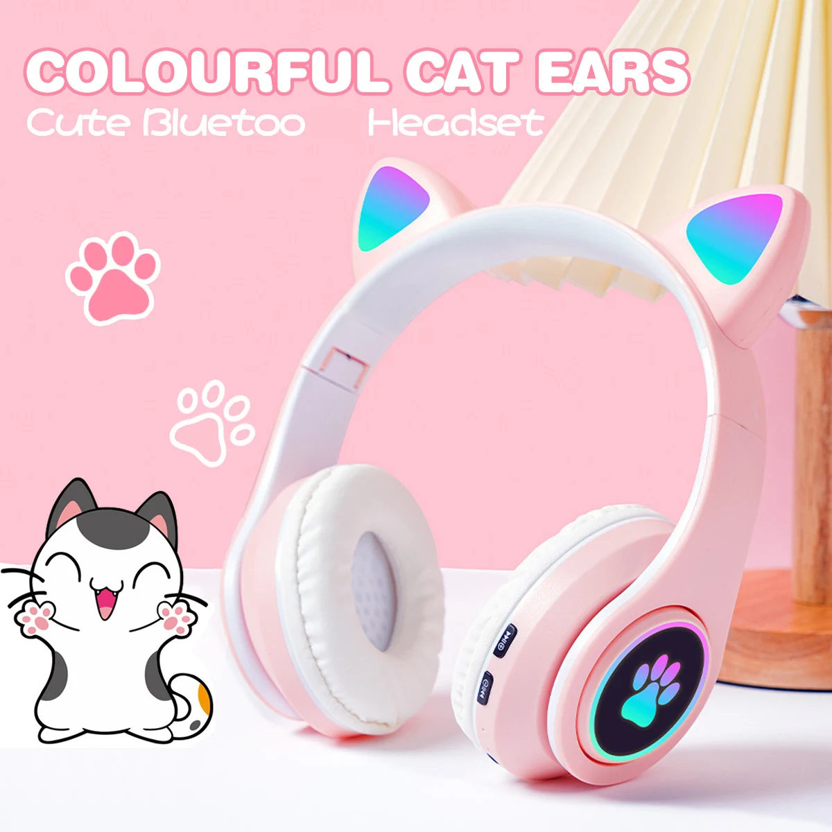 STN28 Flash Light Cute Cat Ear Headphones Wireless with Mic Can close LED Kids Girls Stereo Phone Music B39 Headset Gamer Gift