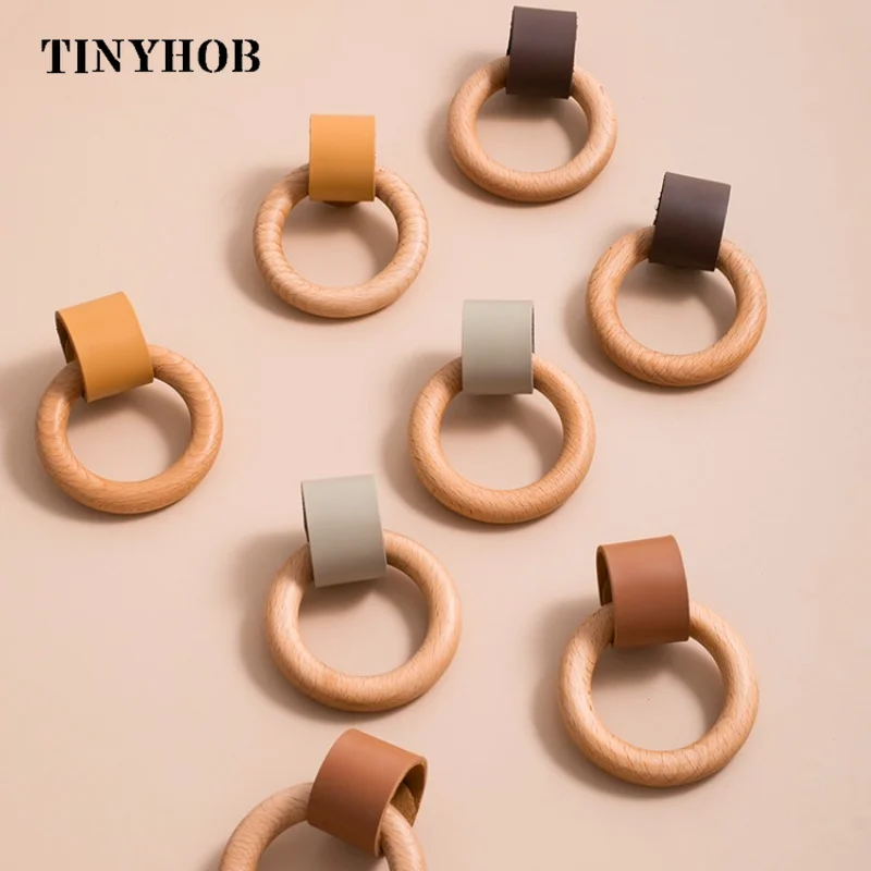 Natural Wood Circular Furniture Knob Kitchen Cabinet Door Handles Drawer Pulls Cowhide Handles for Furniture Hardware