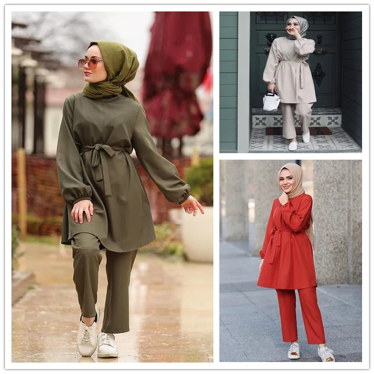 Best selling Arab long sleeve solid color  fashion muslim  two-piece suit women clothing