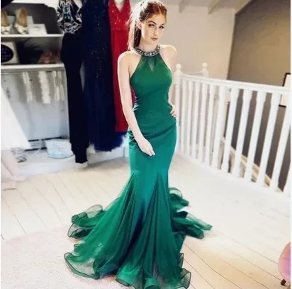Потрясающее зеленое платье с лямкой на шее для выпускного вечера с бисером вечернее платье русалки из тюля