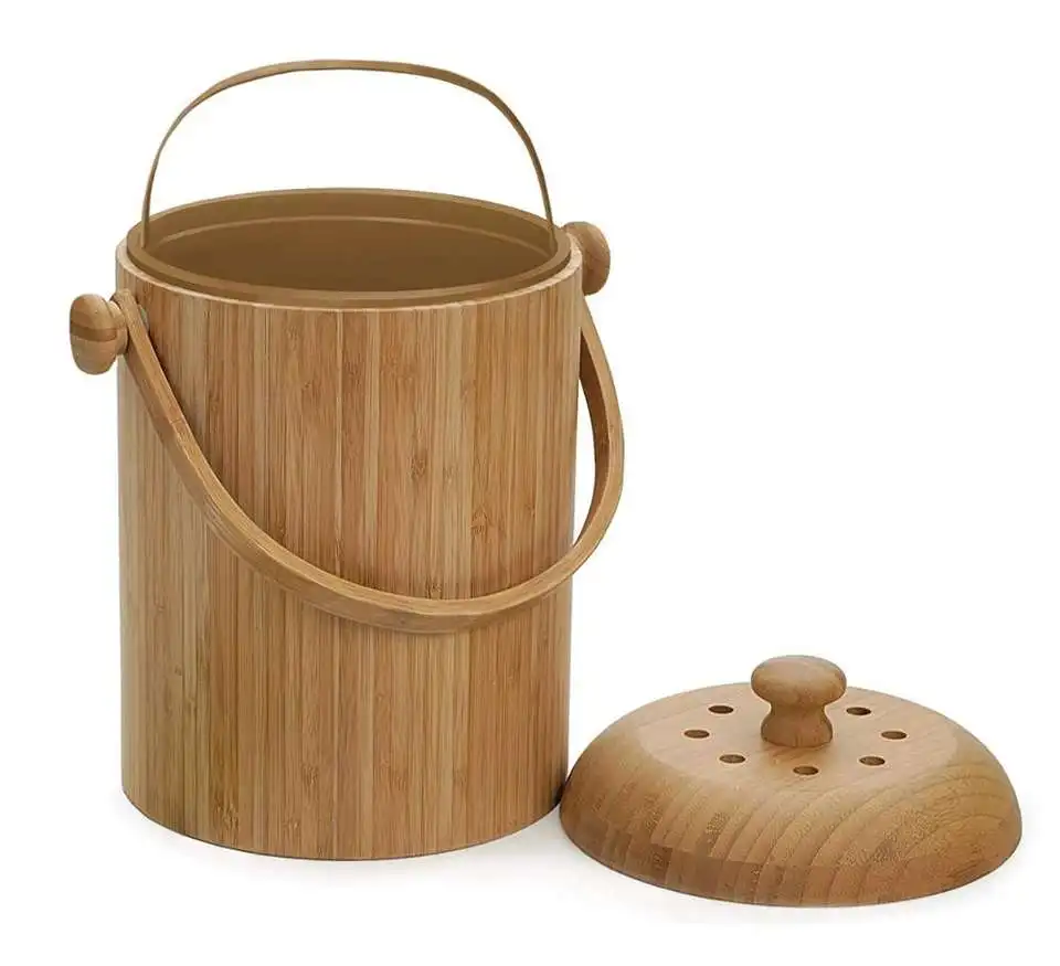 Wooden Dustbin Rubbish Bin Round Foot Pedal Garbage Food Waste Pail 3-Quart Bamboo Compost Pail For Kitchen