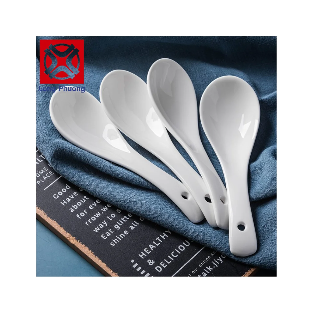 High Quality White Porcelain Curved Spoon Luxury Soup Spoon for Hotel Restaurant Long Phuong Group Supplier