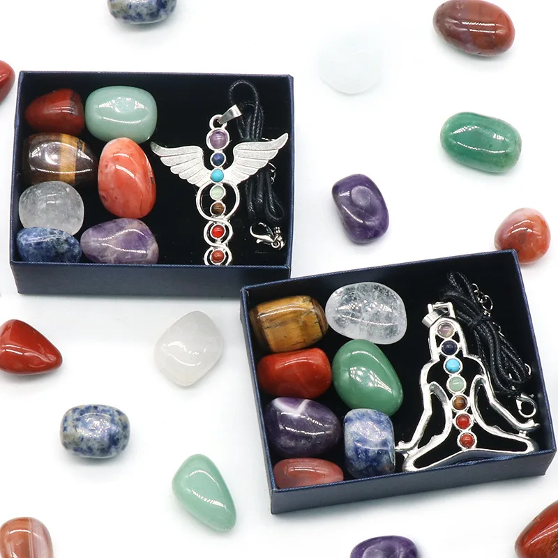 Wholesale natural crystal polished stone irregular seven chakra angel energy box set