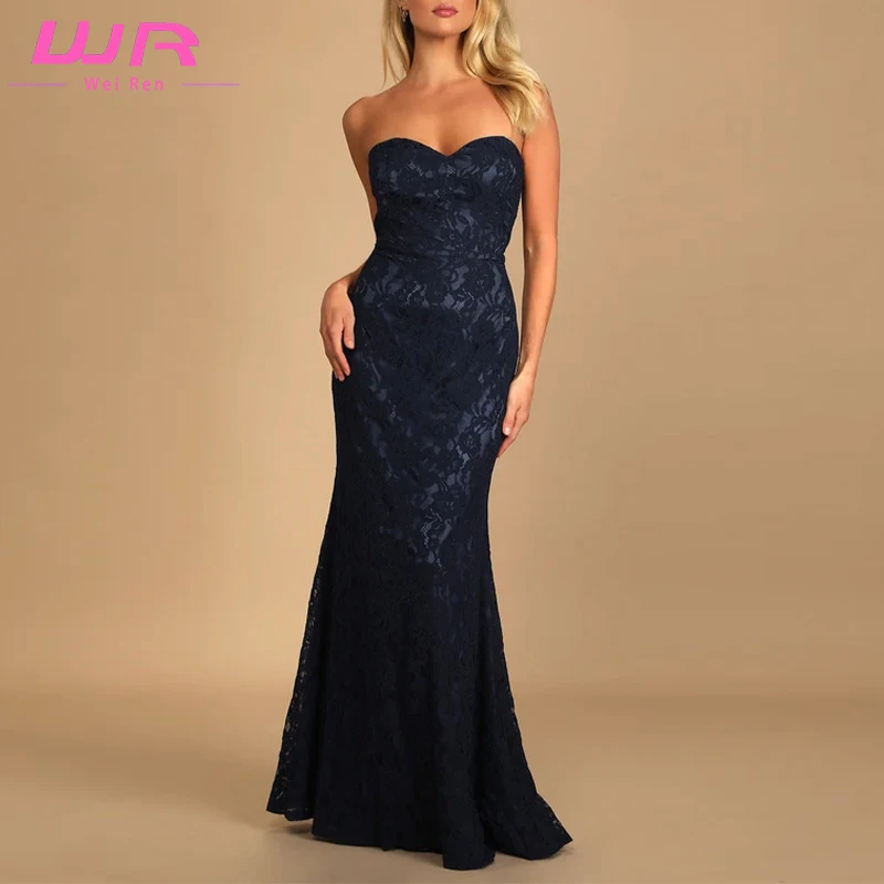Women gowns evening dresses formal navy blue floral lace strapless mermaid party elegant bodycon maxi dress