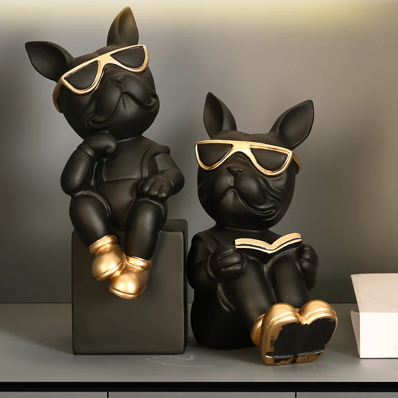 Cool French Bulldog Butler Decor Bookend Dog Statue Animal Resin Sculpture Figurine Home Gift Wool Set of 2pcs