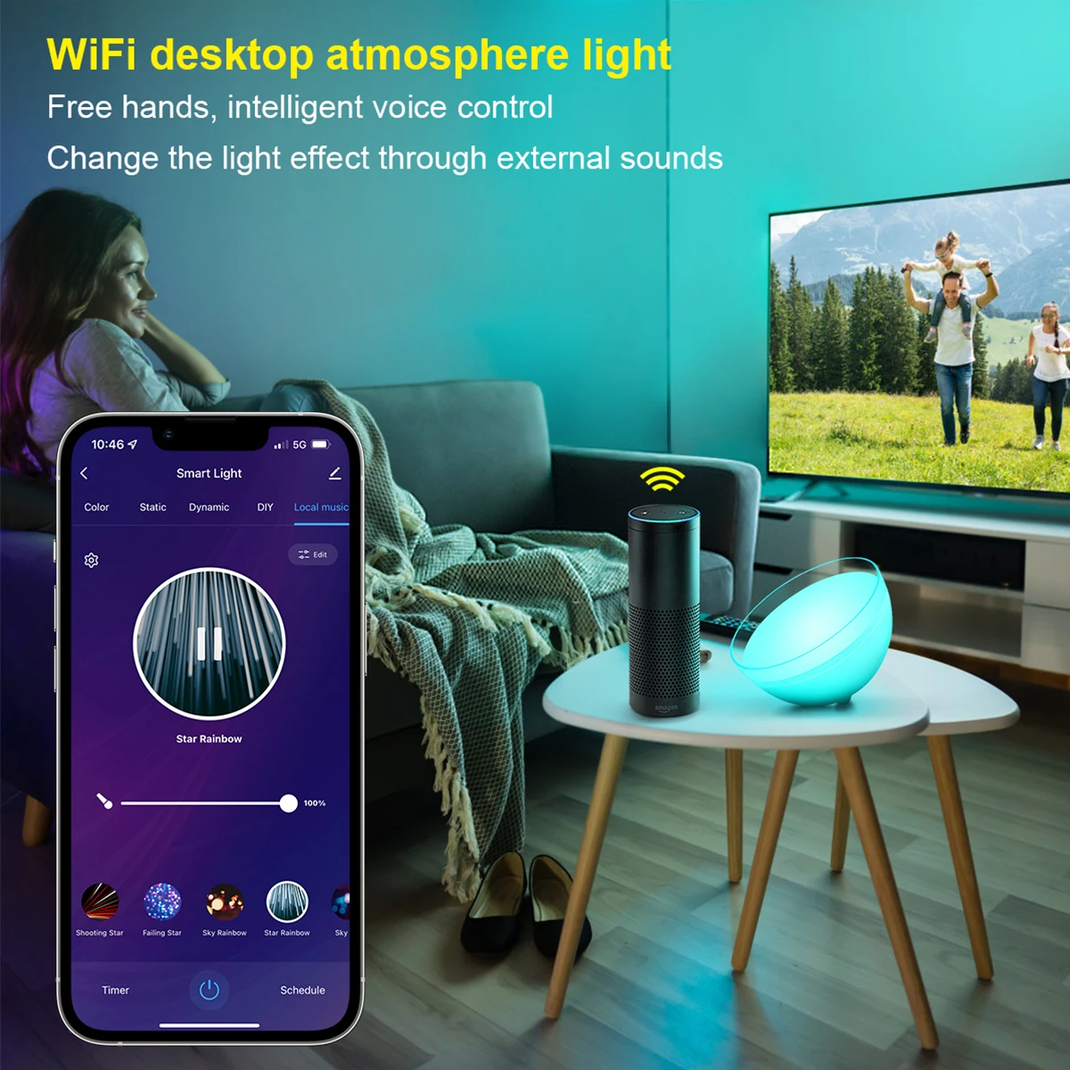 Round colorful RGB doodle smart desktop Atmosphere light wifi pick up sound control rhythm light bedside small night light