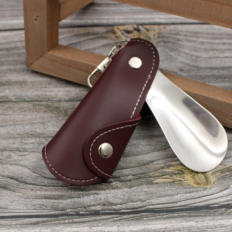 In Stock PU Leather Shoehorn Portable Shoe Horn Keychain Metal Shoe Lifter