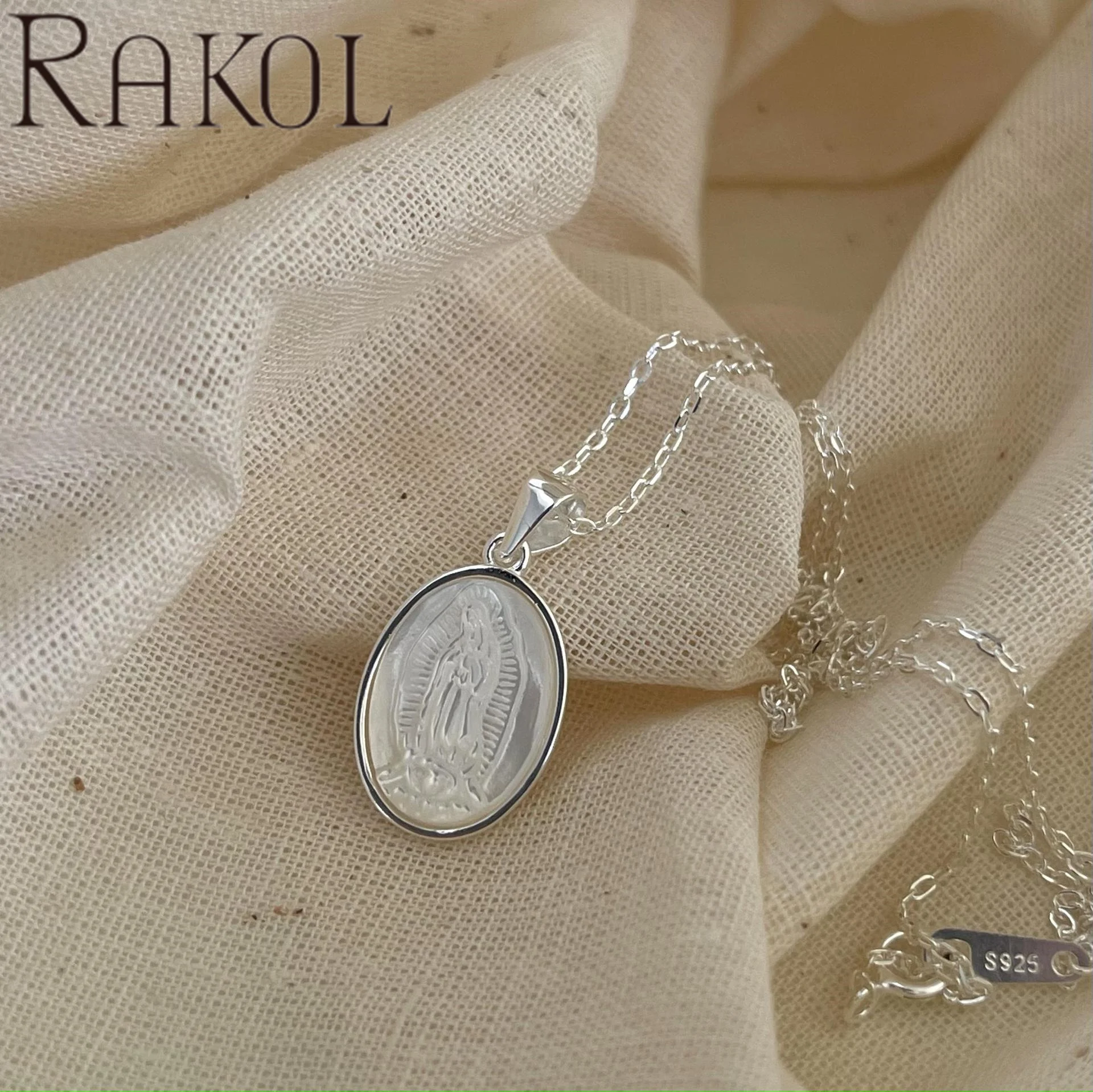 RAKOL ZPN10175 Nordic Style Jewelry S925 Sterling Silver Oval Shaped Virgin Mary Shell Pendant Necklace