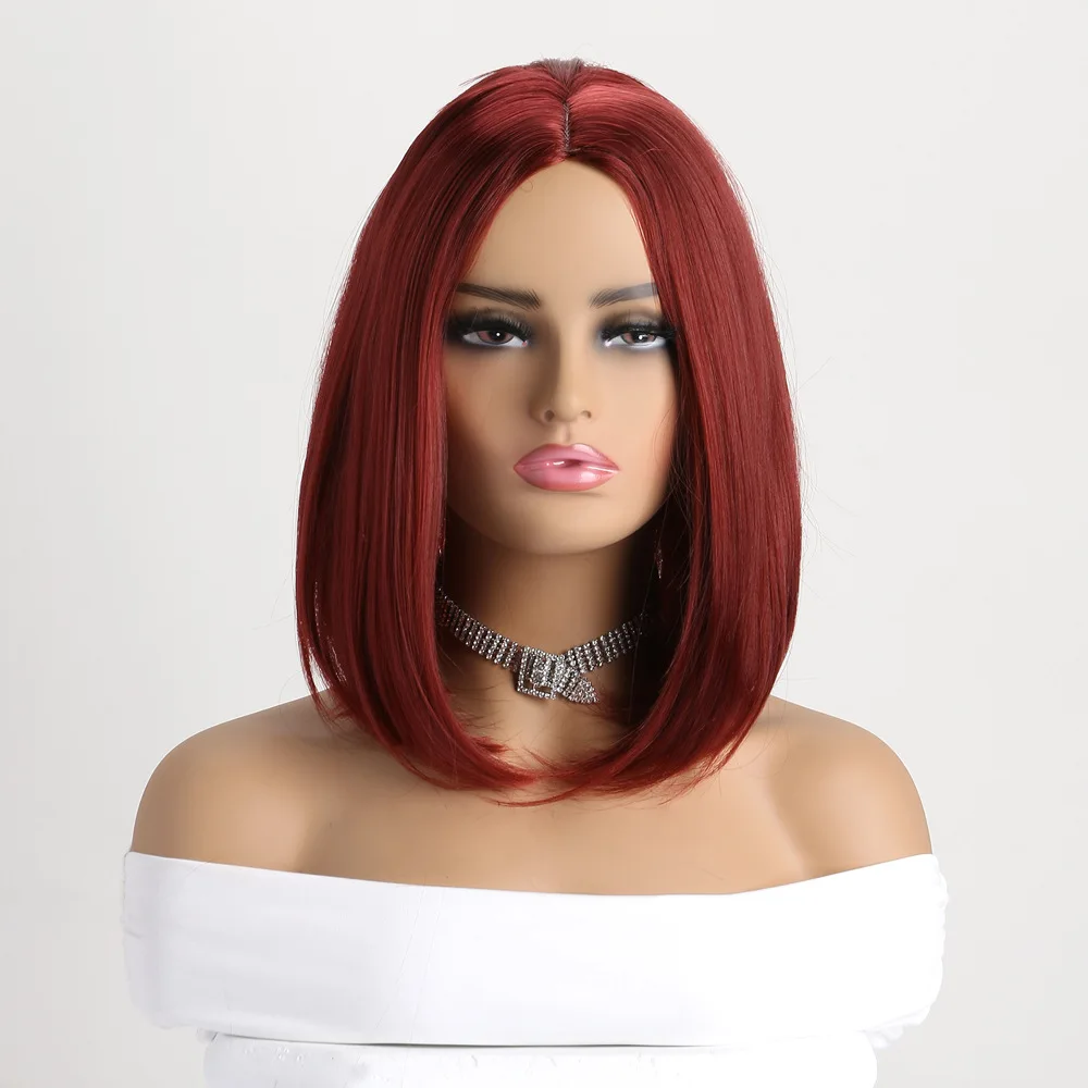 Heat Resistant Party Costume Wig Brown Black Straight Synthetic Hair  Short  Bob  Wig