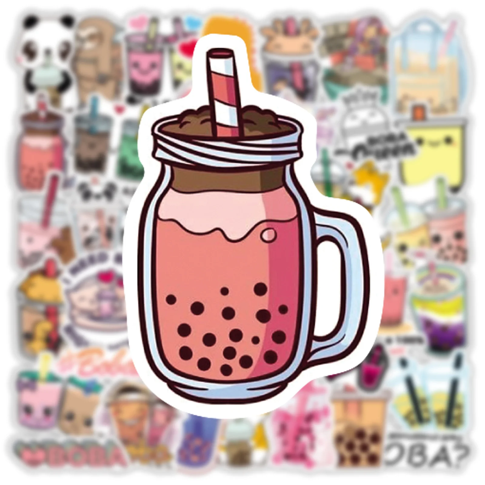 Hecion 50 Pcs Cartoon Boba Stickers Creative Laptop Luggage Skateboard Water Cup Waterproof Decoration Cartoon Boba Cup Sticker