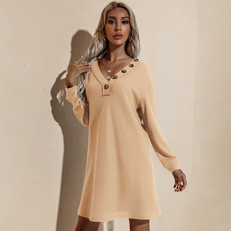 2021 Casual V-Neck Long Sleeve Sexy Fall Winter Street Wear Army Green Knitting Loose Plus Size Shirt Dress for women