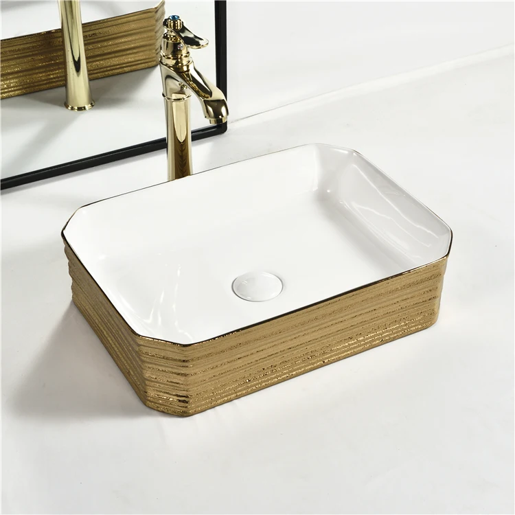 White and gold luxury golden rectangular art washbasins face hand wash basin countertop ceramic gold basin sink for bathroom
