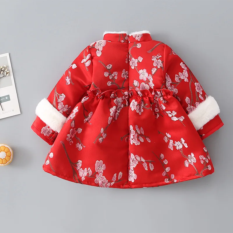 
Fashionable Chinese style baby girls winter warm fur jacket Snow Suit with embroidered flower decoration 