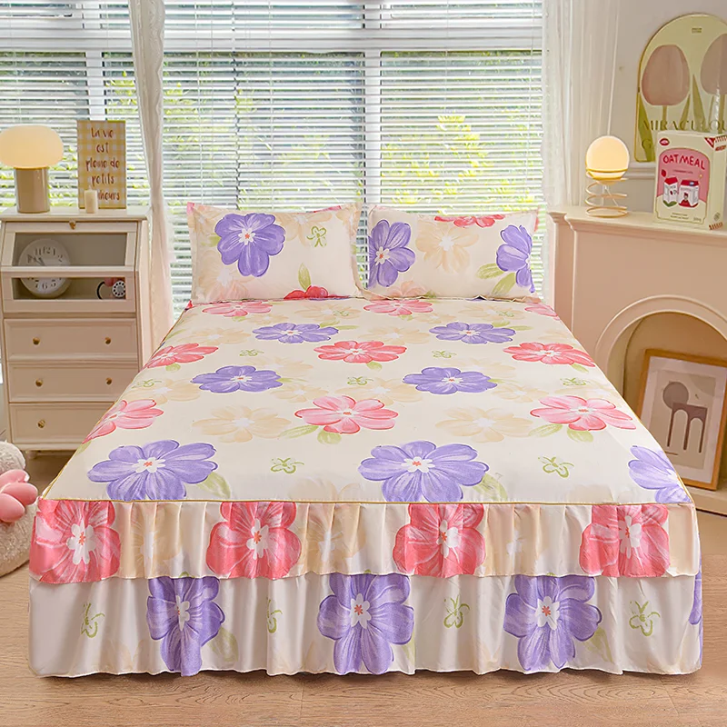 Lace Bed Sheet Skirt Set Floral Printed Bed Cover Single/Queen/King Size Bedspread + 2 pcs Of Pillowcase Bedsheets