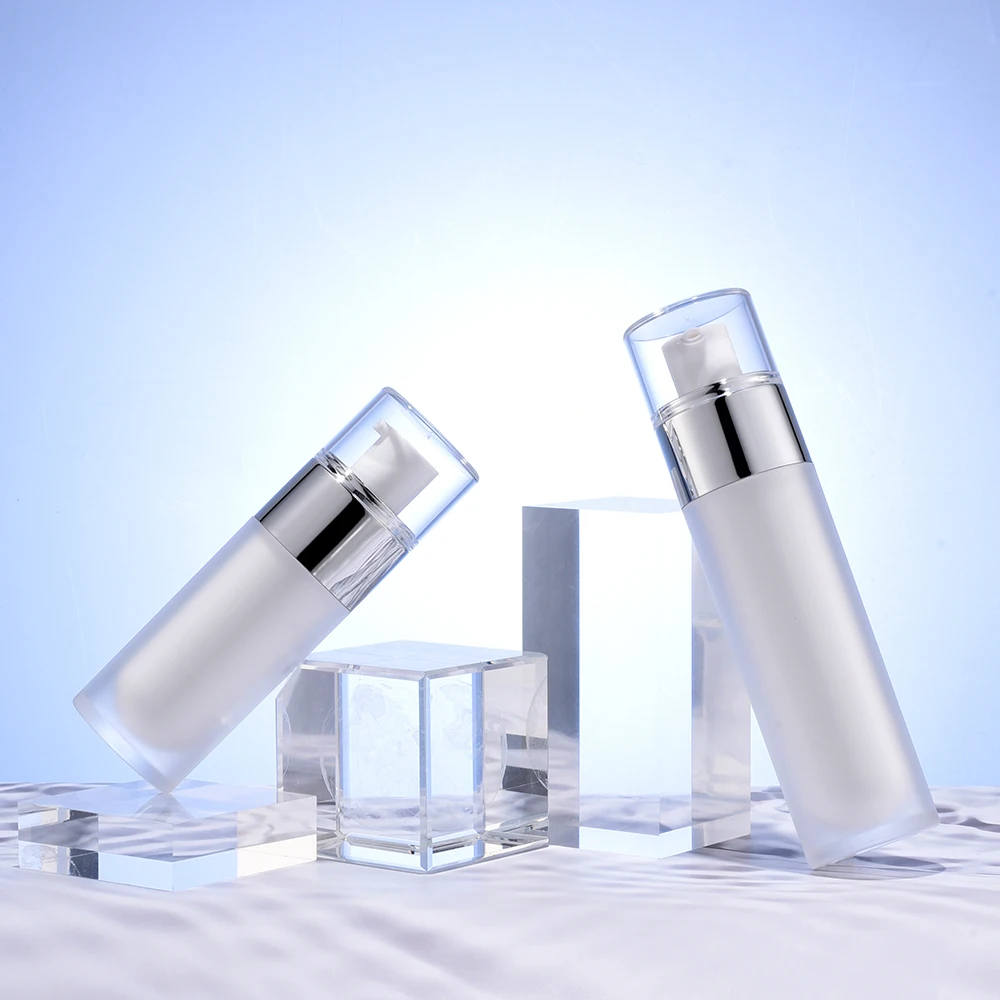 Popular Cosmetic packaging 30ml 50ml acrylic plastic bottle with lotion pump airless pump bottle white essence bottle