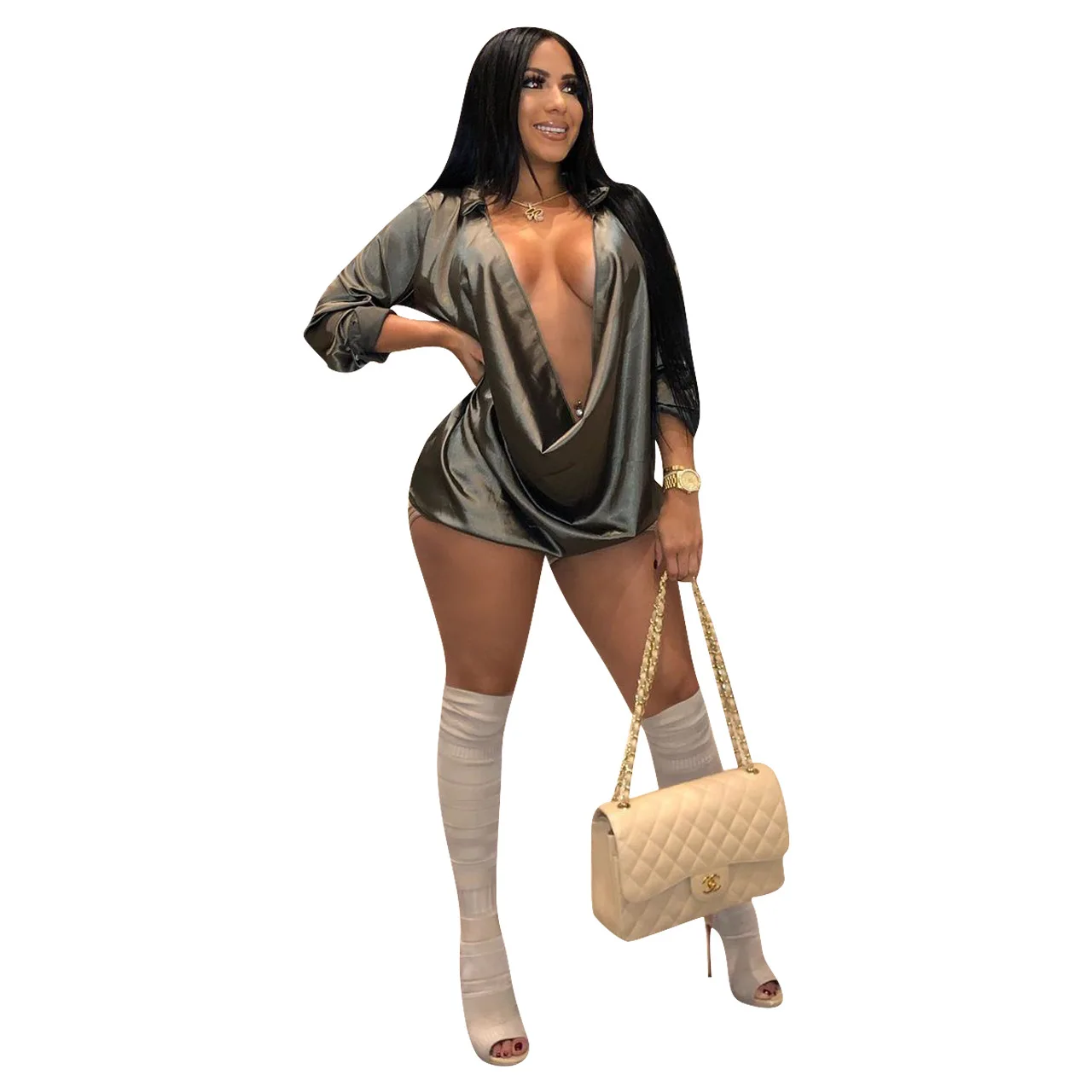 Fashion Sexy V-neck Polo Collar Tops and Silk Dress for Women Casual Dresses Mini Club Dress Sheath Plain Dyed Simple Spring