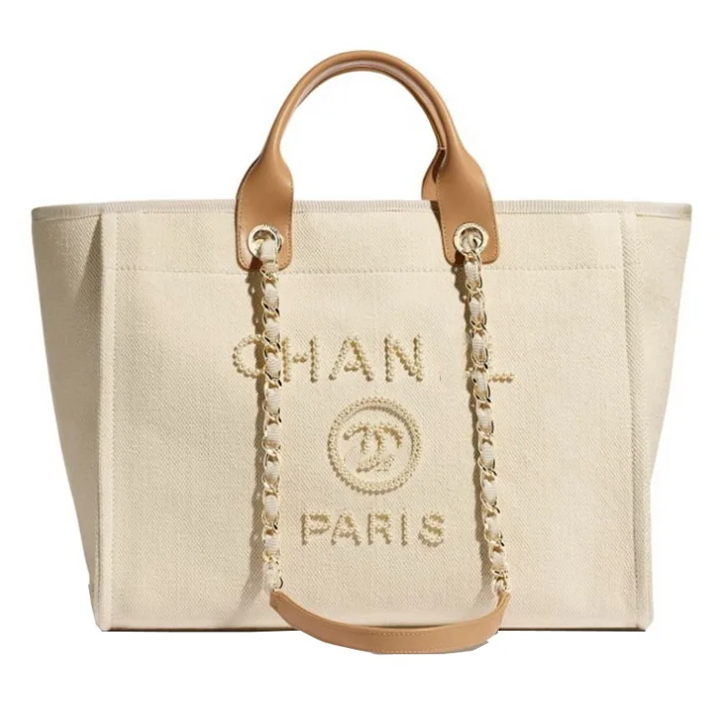 Luxury Designer Letter Embroidery Canvas Shoulder Bag Woman Ladies Jumbo Canvas Tote Bags Leather Handle with Chain
