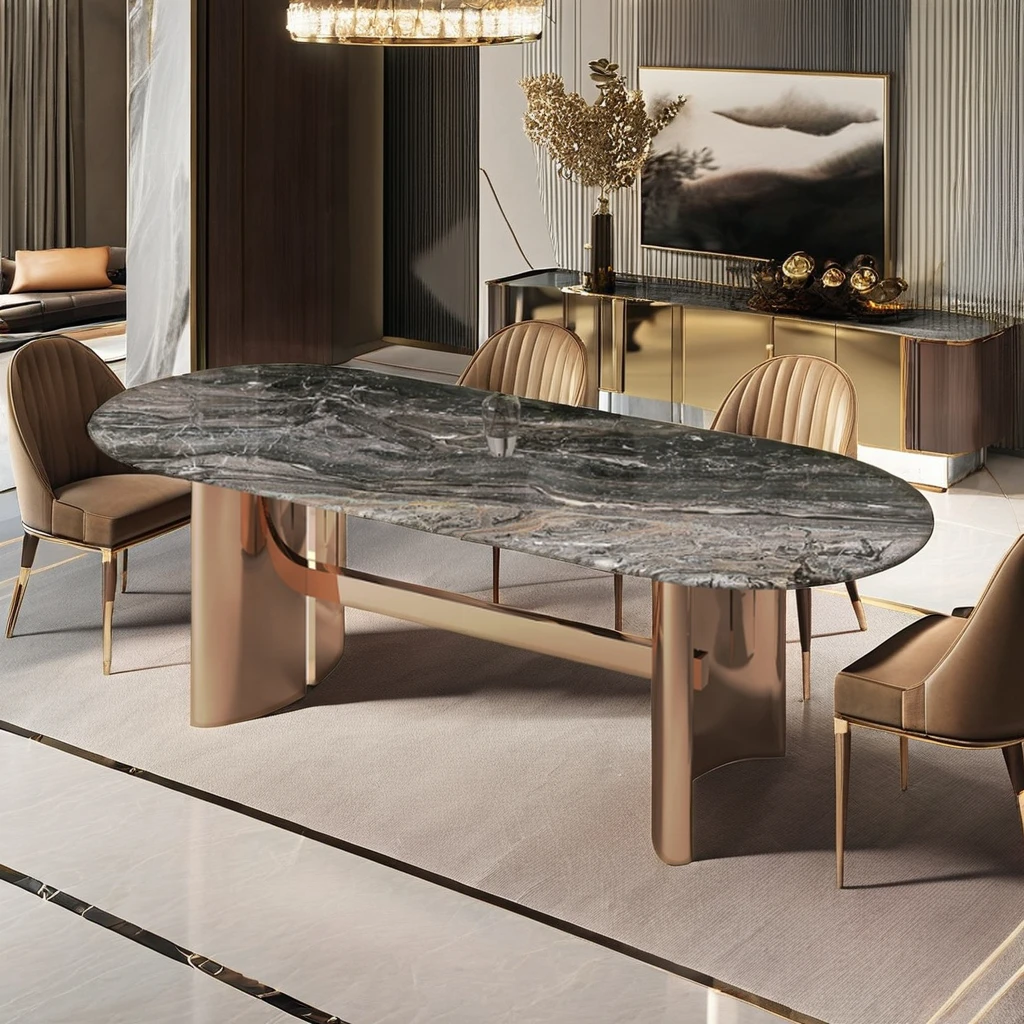 Premium Natural Luxury Stone Contemporary Dining Table with Brown Oval Marble Granite Top and Bronze Casting Base