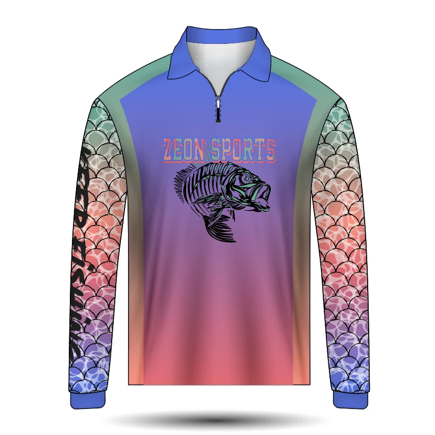 wholesale sublimation custom collared upf 50+fishing shirts long sleeve with zip