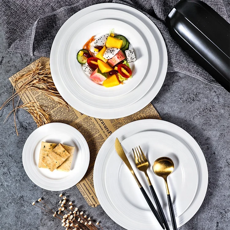 
durable round white embossed plate for wedding party hotel restaurant home use 
