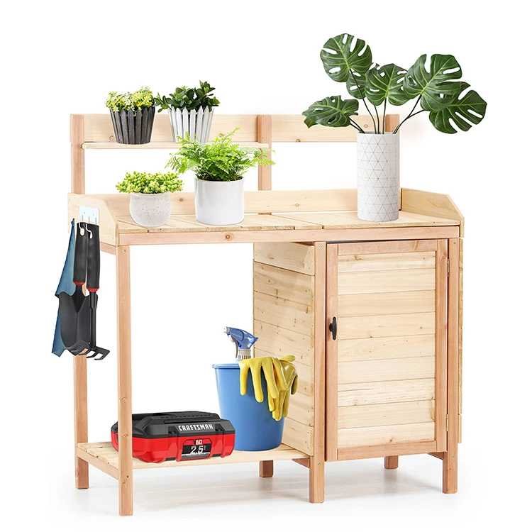 Hot Selling Outdoor Potting Station Solid Wood Garden Work Bench Table with Sink and Storage Cabinet