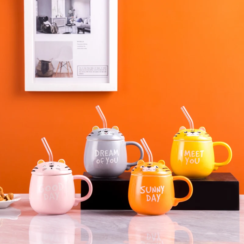 Cute Tiger Coffee Ceramic Cup Couple Mug Milk Water Cup Custom Ceramic Mug with lid