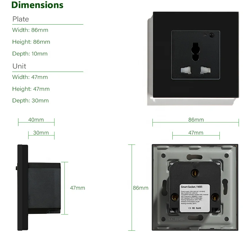 MVAVA Smart Wifi Socket Plug Socket Glass Black 1 Gang 13A 100000 Times CN;ZHE 240V Box OEM 50