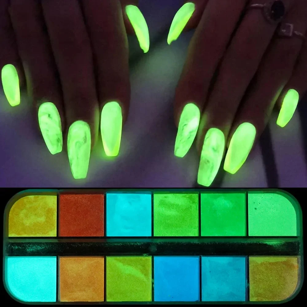 Glow in Dark Powder Luminous Nail Glitter Fluorescent Pigment Neon Green Phosphor Powder 12 Grirds Decoration Reflective Dust