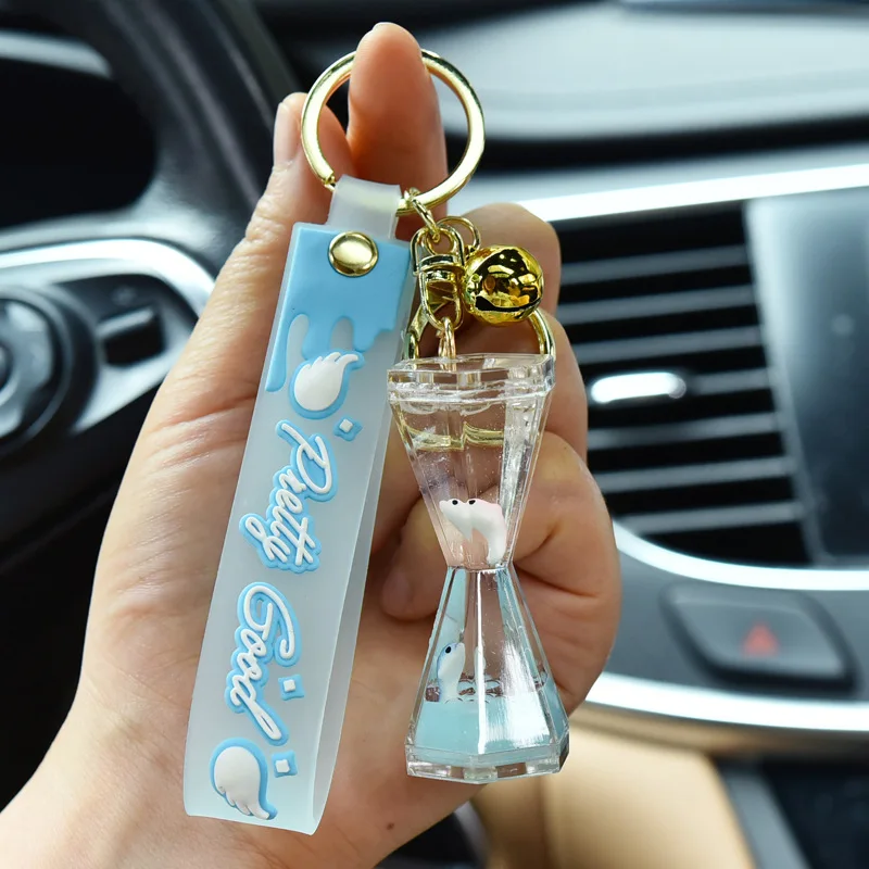 Wholesale quicksand liquid keychain with ocean doll hourglass key chain into oil funnel floating bottle gift pendant