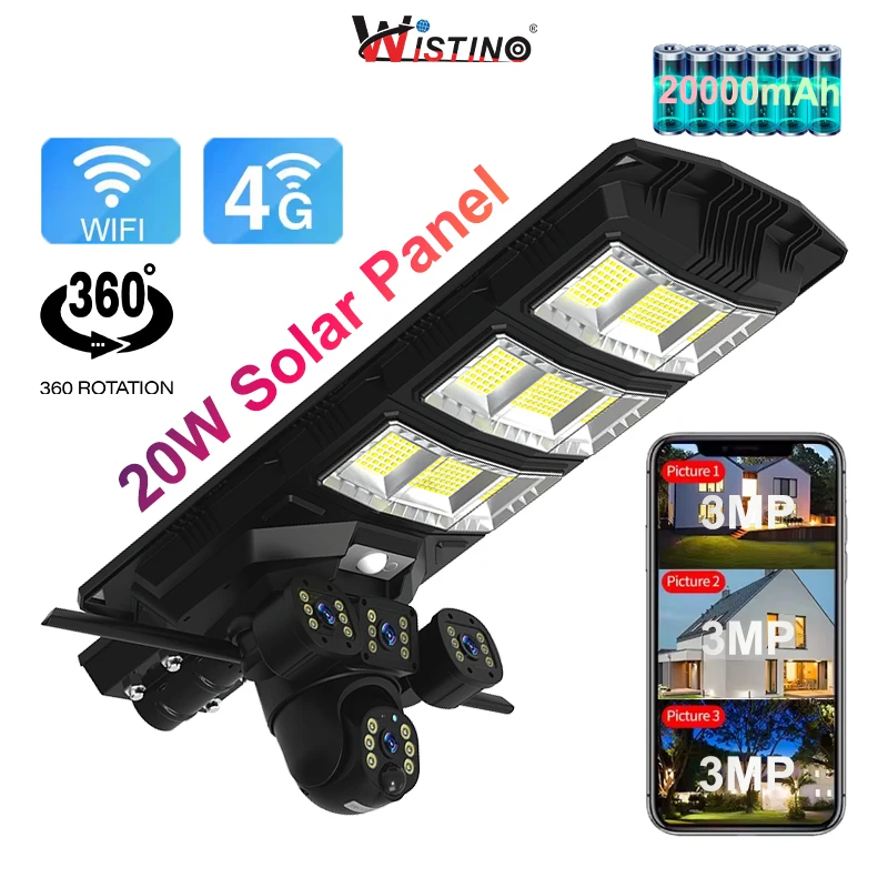 Wistino 9MP Outdoor Dual Lens Triple Screen Camera Two Way Voice AI Automatic Tracking Solar Street Lights