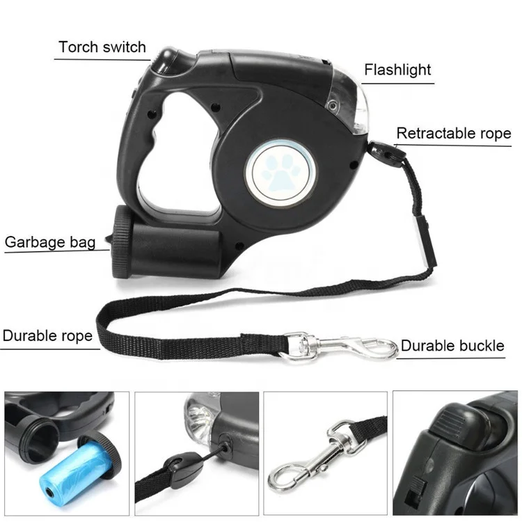 Automatic Retractable Leash 4.5M LED Flashlight Pet Dog Leash Lead with Garbage Bag