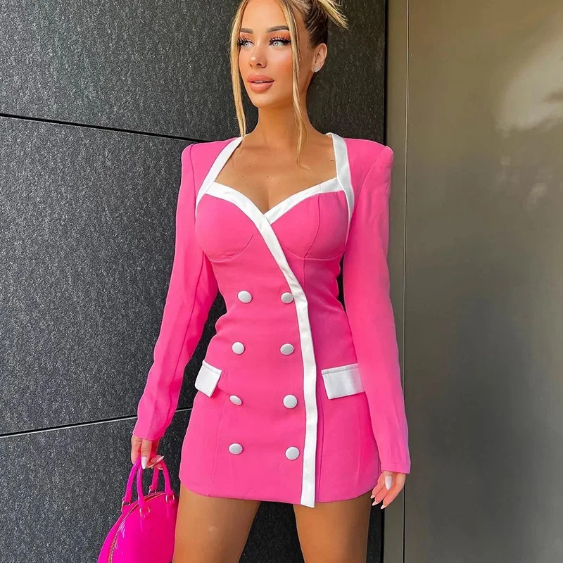 Autumn/winter square collar matching color double-breasted long-sleeved commuter dress