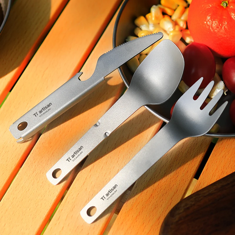 Titanium Compact 3 Piece Utensil Fork Spoon Knife Ultralight Carry Design System  Outdoor Camping Tableware