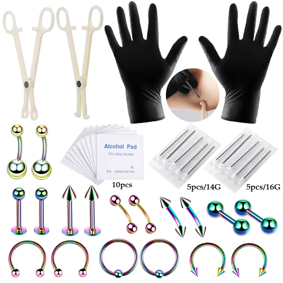 42pcs/Set Tongue Eyebrow Nose Belly Button Rings Clamp Needles Tool Kit Ear Plug Prong Studs Body Piercing Jewelry