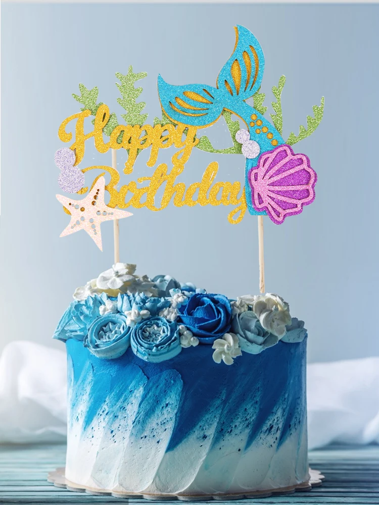 Wholesale Mermaid Happy Birthday baby Cake Topper Home Party Decoration Paper Cake Toppers