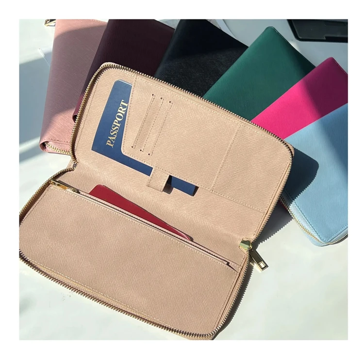 Simple Zipper Purses Long Clutch Wallet Soft Saffiano Leather Slim Travel Leather Wallets for Women and Men