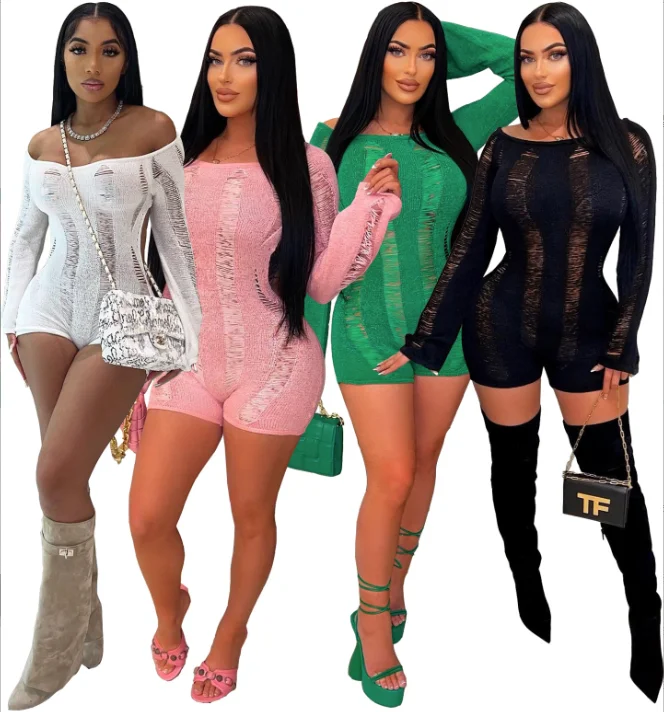 Knit Ripped Short Hollow Out Tight Jumpsuits Romper Women 2023 sexy club cut out backless knitted one piece bodycon jumpsuits