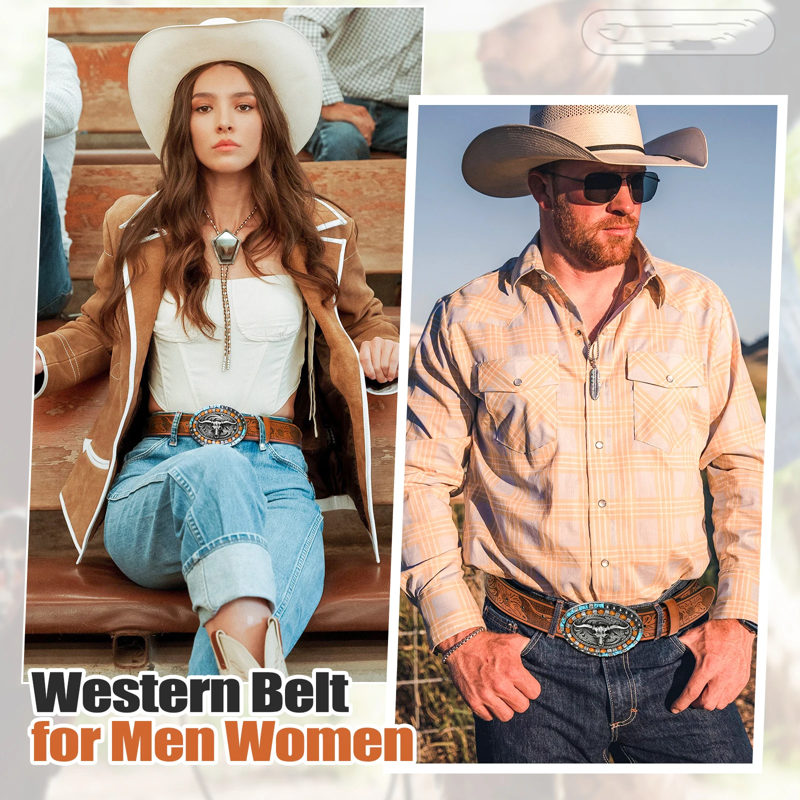 Unisex Western Belt Detachable Alloy Plate Buckle Turquoise Custom Debossed Floral Pattern Design PU Leather Belt For Men Women