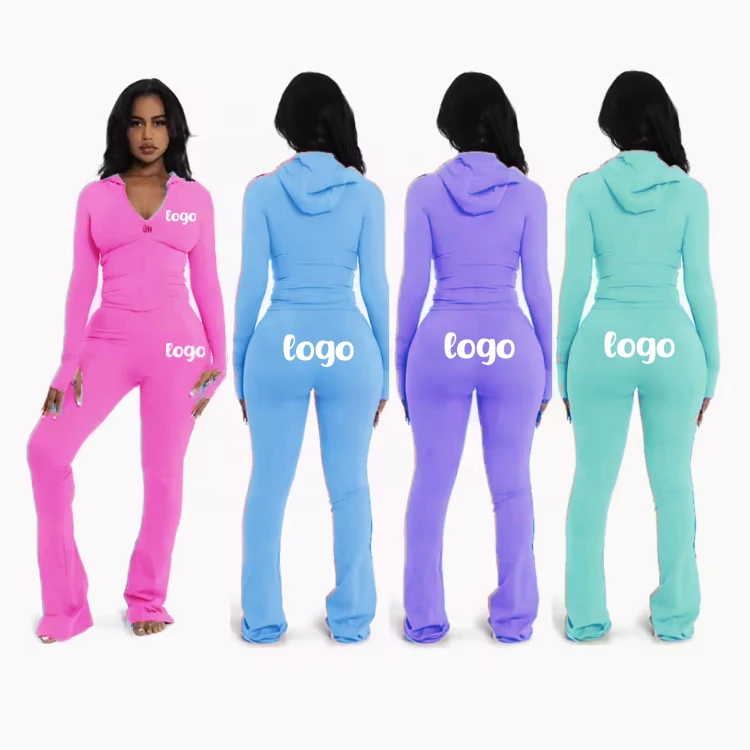 Body Custom Logo Women Set 2 Piece Outfits Zip Jacket Hoodie and Flare Pants Jogging Suit Foldover Pants Tracksuit Set For Women