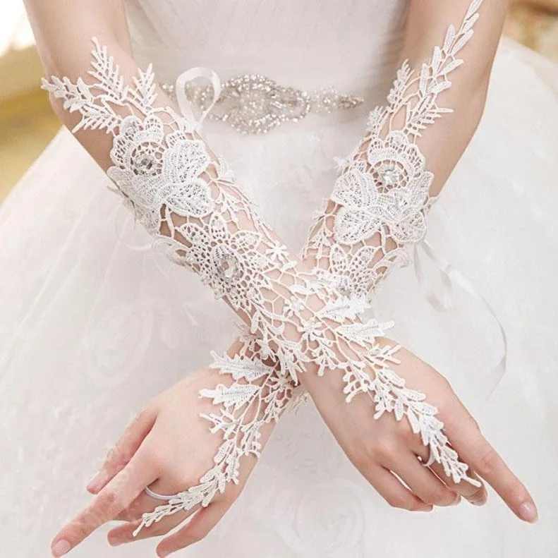 High Quality Sexy Lace Gloves Crystal White Bow Style Style Black Summer Bridal Lace Gloves