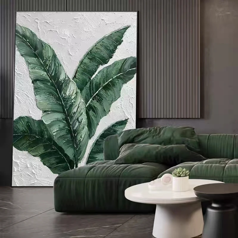 Pure hand-painted Minimalist Modern Tropical Plants Leaves Canvas Painting Wall Picture for Wall Decor