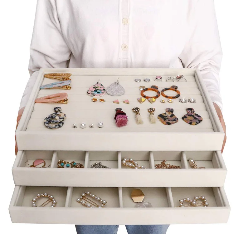 Stackable Velvet Jewelry Tray Organizer Jewellery Storage Display Trays All Velvet for Drawer Earring Necklace Bracelet Ring Set