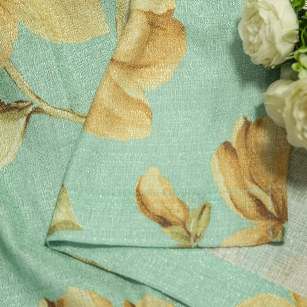 Wholesale ready printed linen window golden flower valance curtains for living room cheap modern bedroom kitchen curtain drape