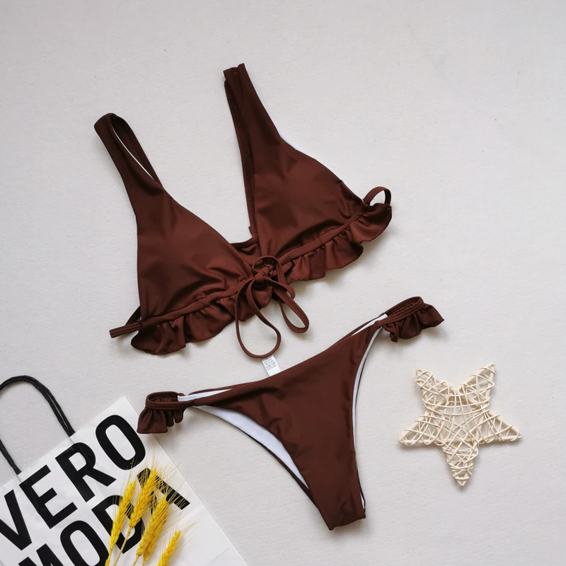 Lotus leaves gather in shape bikini animal print ribbed bikini cut out
