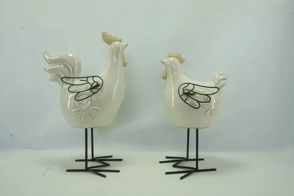 Pristine White Ceramic Cock Pair, Ornate Tail Feather Design, Kitchen Adornment