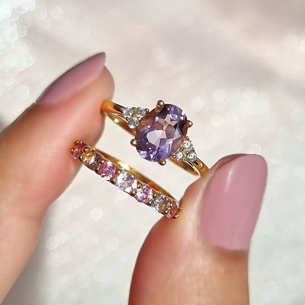 Pink Sapphire And Pink Amethyst Ring 925 Sterling Silver Half Eternity Band Ring