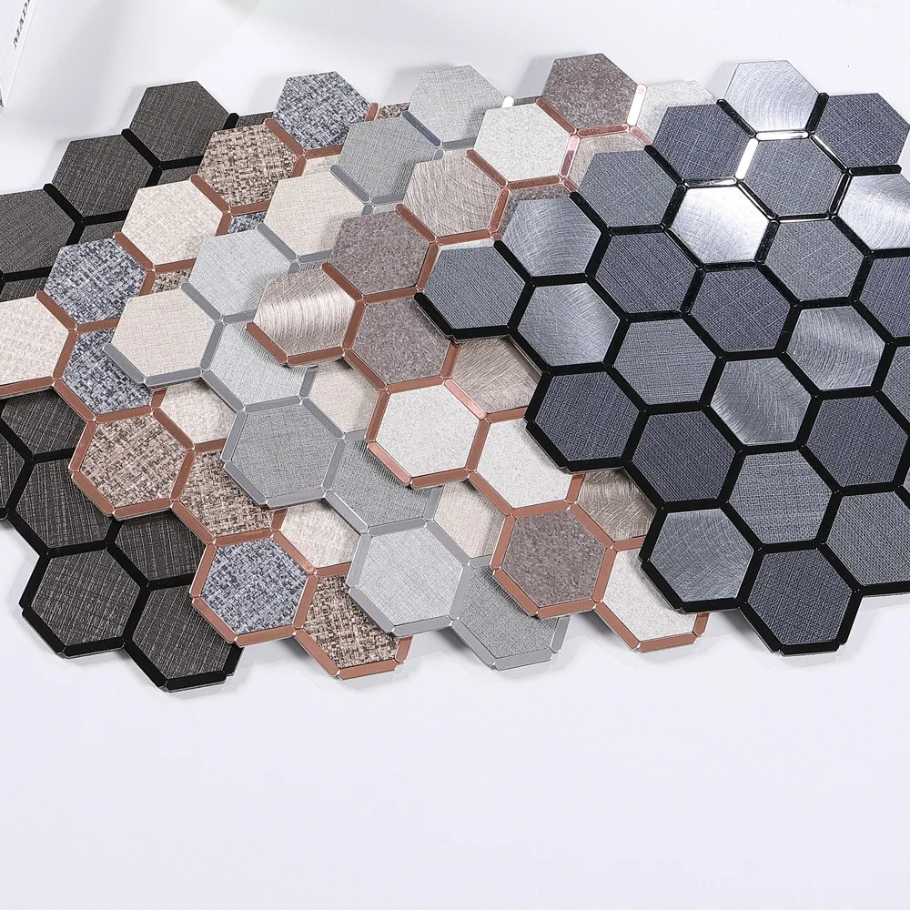 Ready to ship grays hexagon mosaic inlayed with mirror aluminium strips self adhesive kitchen tile