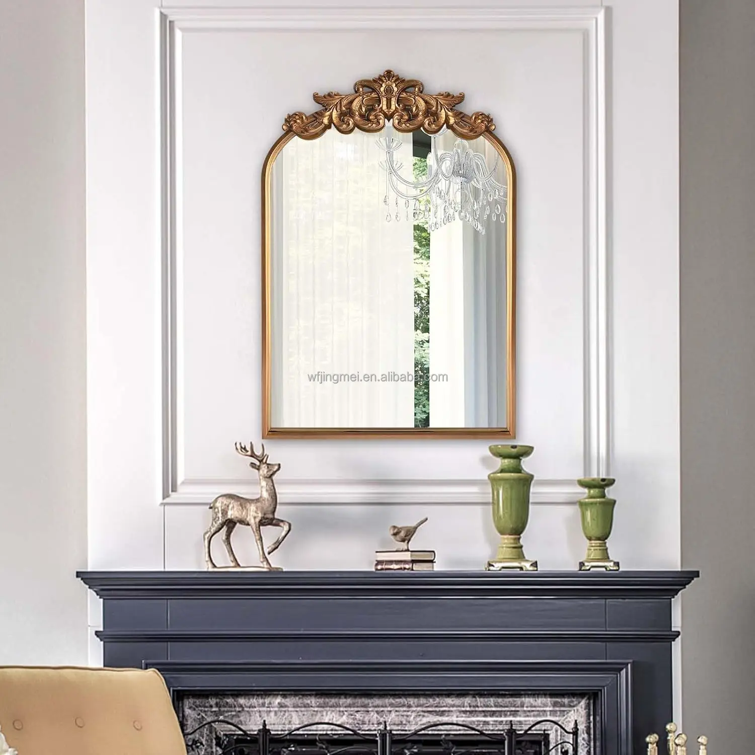 Gold Traditional Arched Mirror, Antique Brass Mirror, Vintage Ornate Baroque Mirror, Carved Mantel Mirrors for Bathroom