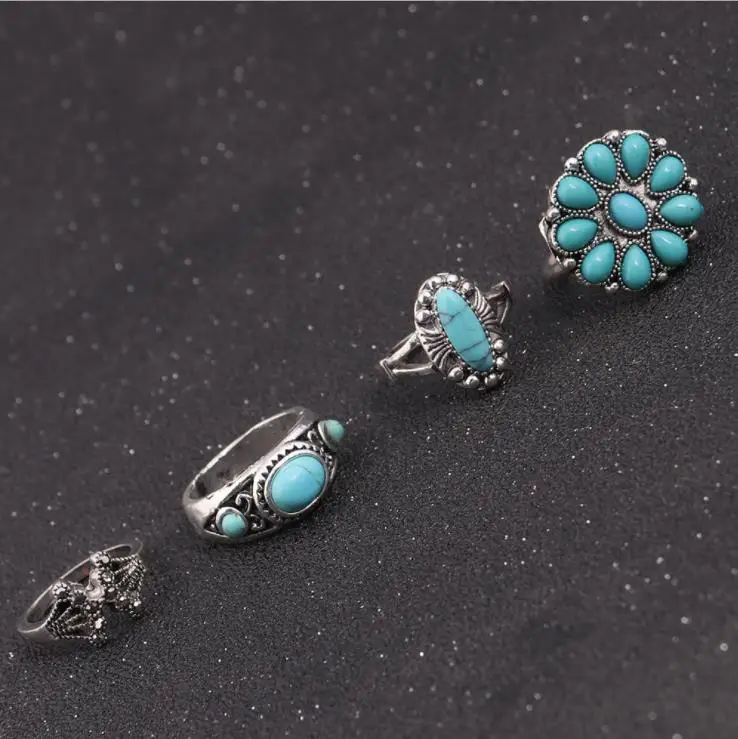 Alloy Retro Carved Turquoise Ring Sun Moon Joint Gem Set Women Fashion Boho