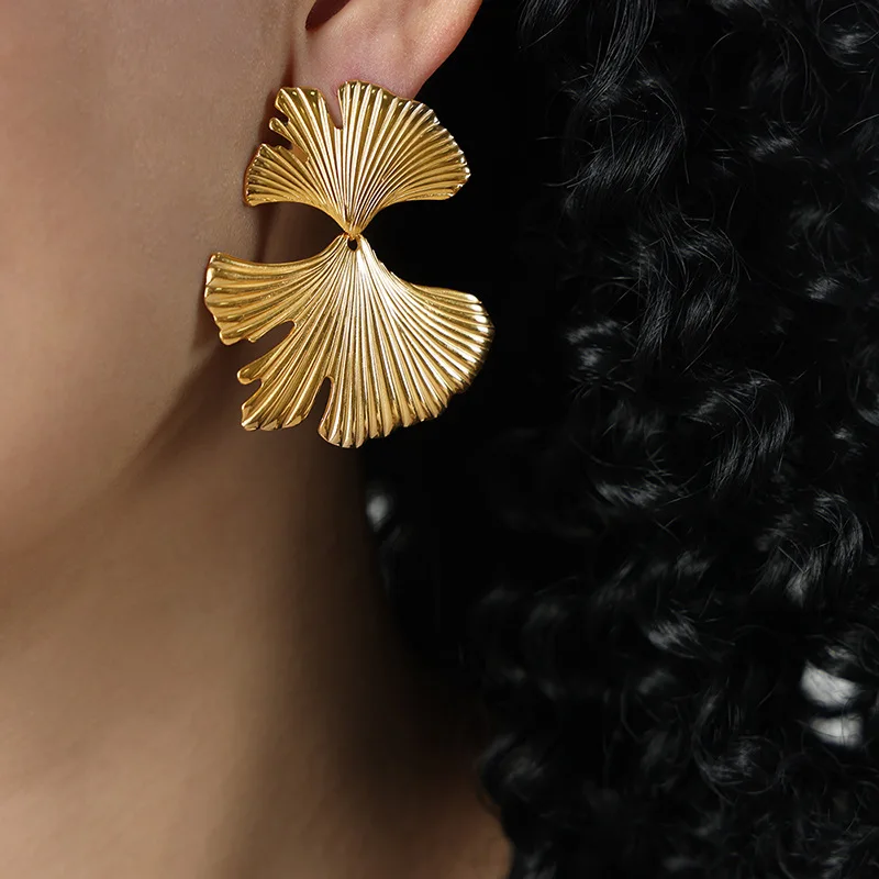 Vershal VSA-65 Stainless Steel 18K Gold Plated Ginkgo Leaf Shape Double Side Earrings Vintage Unique Design Earrings
